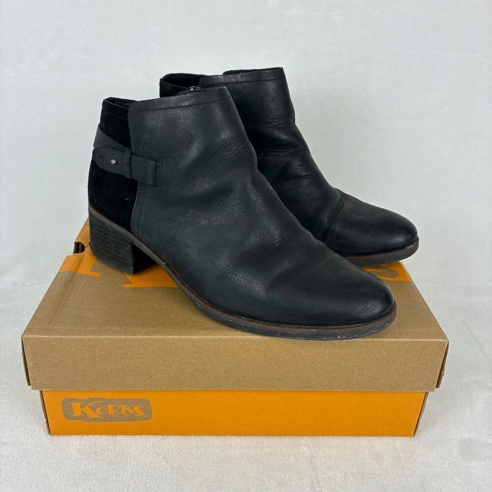Korks Sonya Black Leather Suede Ankle Boot Women’s Size 11 M Block Heel Side Zip